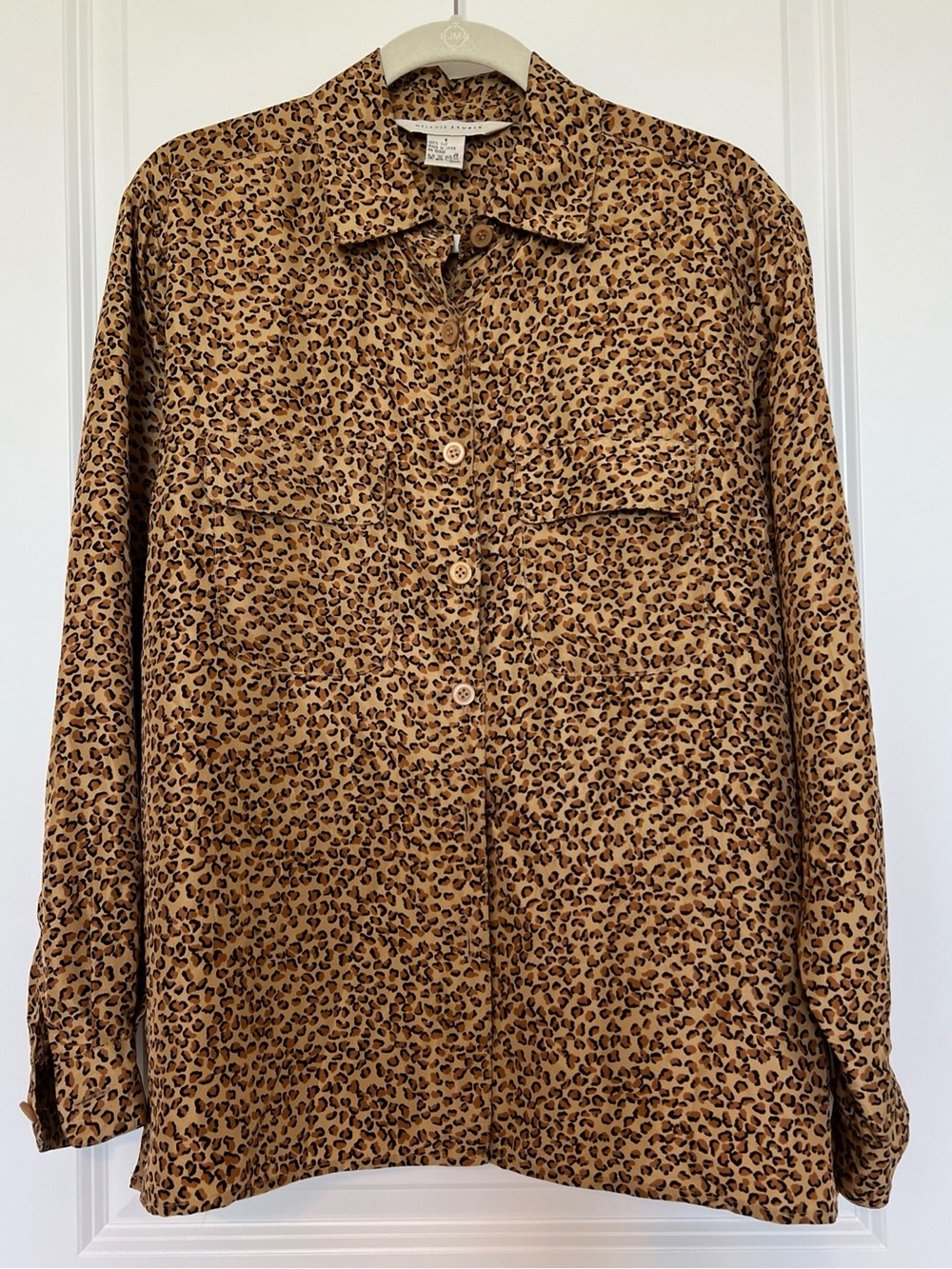 Melrose 100% silk Leopard Print Button-Up Shirt in Tan & Black sz.S fits M GREAT